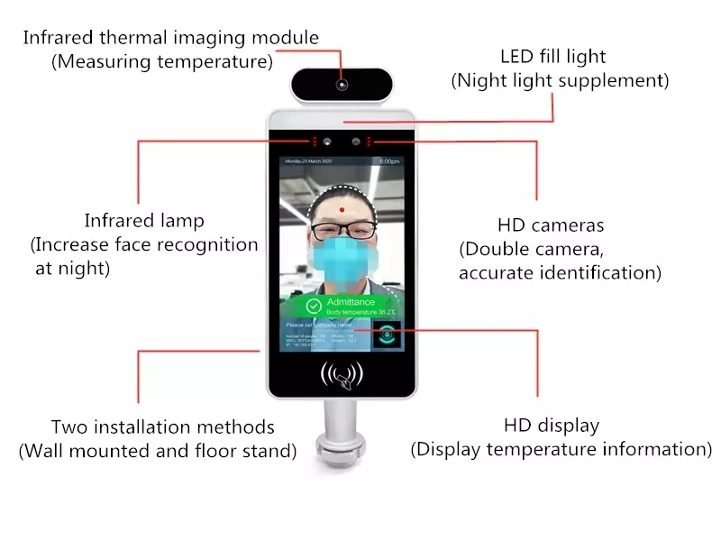 8" Body Temperature Scanning Kiosk with Facial Recognition System, Temperature Check and Measurement Kiosk with Automated Hand Sanitizer